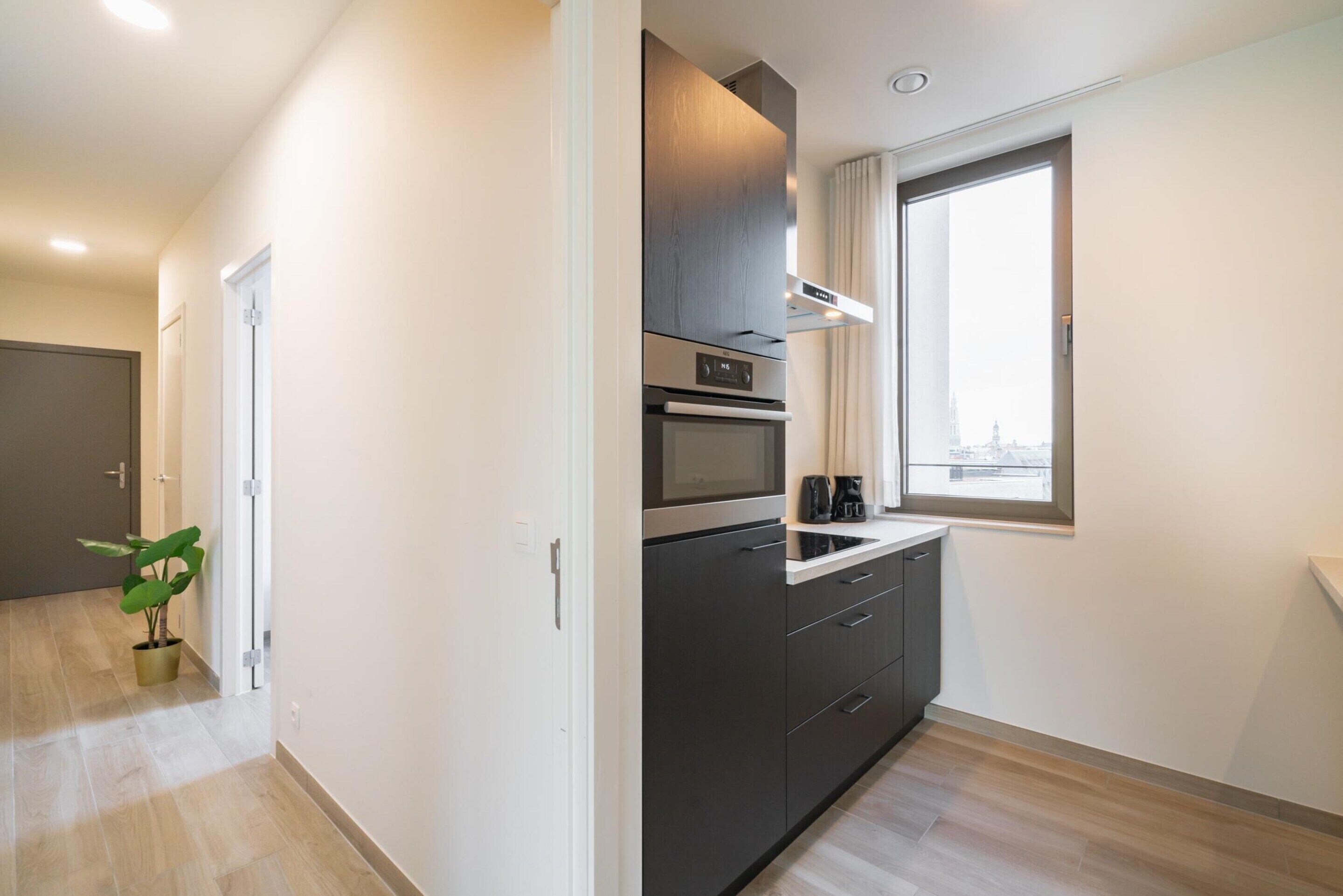 Una cocina moderna con horno integrado, microondas y cafetera, una ventana con vista a la ciudad y una planta en maceta.