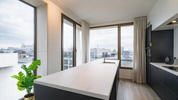 Elite Apartment, 4 Bedrooms | Private kitchen | Fridge, microwave, oven, stovetop