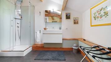 Shower, hair dryer, towels