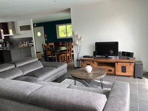 Ein modernes Wohnzimmer mit grauem Sofa, einem Couchtisch und einem Fernseher auf einer Holzkommode.