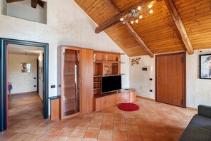 Amplia sala de estar con techo de madera, televisor y alfombra roja.