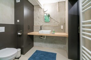 A bathroom with a toilet, sink, mirror, and blue rug. - Antwerp Central Superior Apartment (Antwerp)