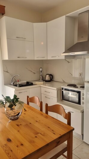 Fridge, oven, stovetop, coffee/tea maker