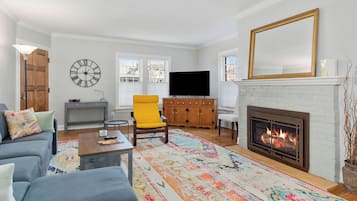 Smart TV, fireplace, books