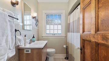 Hair dryer, towels, soap, shampoo