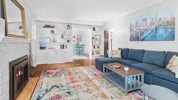 Smart TV, fireplace, books