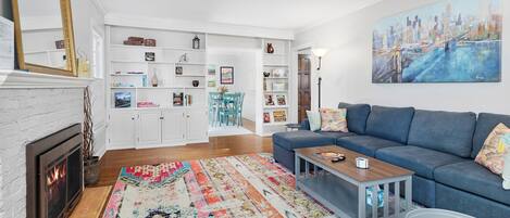 Smart TV, fireplace, books