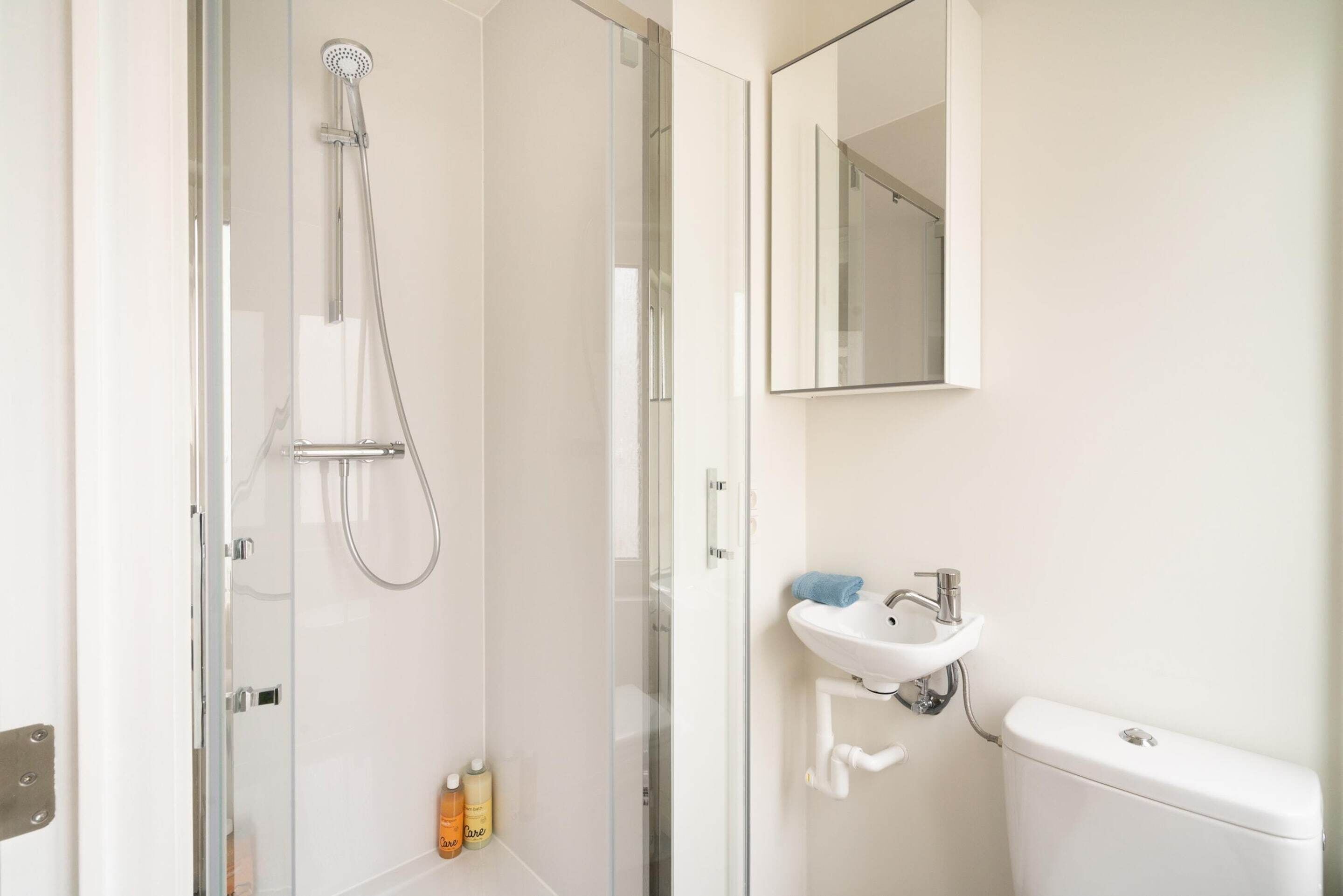 Een moderne badkamer met een glazen douchecabine, een witte wastafel en een toilet.