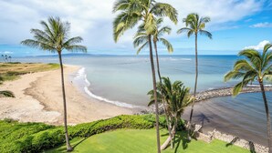 A beach view with palm trees, a grassy area, and a water body. - Oceanfront Menehune Shores #206, Lanai Views, Pool, Steps to Beach, Relax in Kihei (Kihei, Maui)