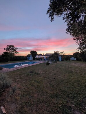Un jardin avec une piscine, des chaises longues et une pelouse.