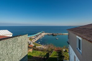 Une vue sur la côte, avec un port de plaisance, une jetée et un bâtiment doté d’un toit en pente.
