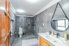 A bathroom with a shower, toilet, sink, and mirror. - Boutique Hotel-Style Room In Ferndale-D4 (Randburg)