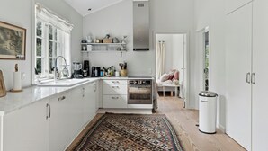 A modern kitchen with white cabinetry, a built-in oven, and a patterned rug.