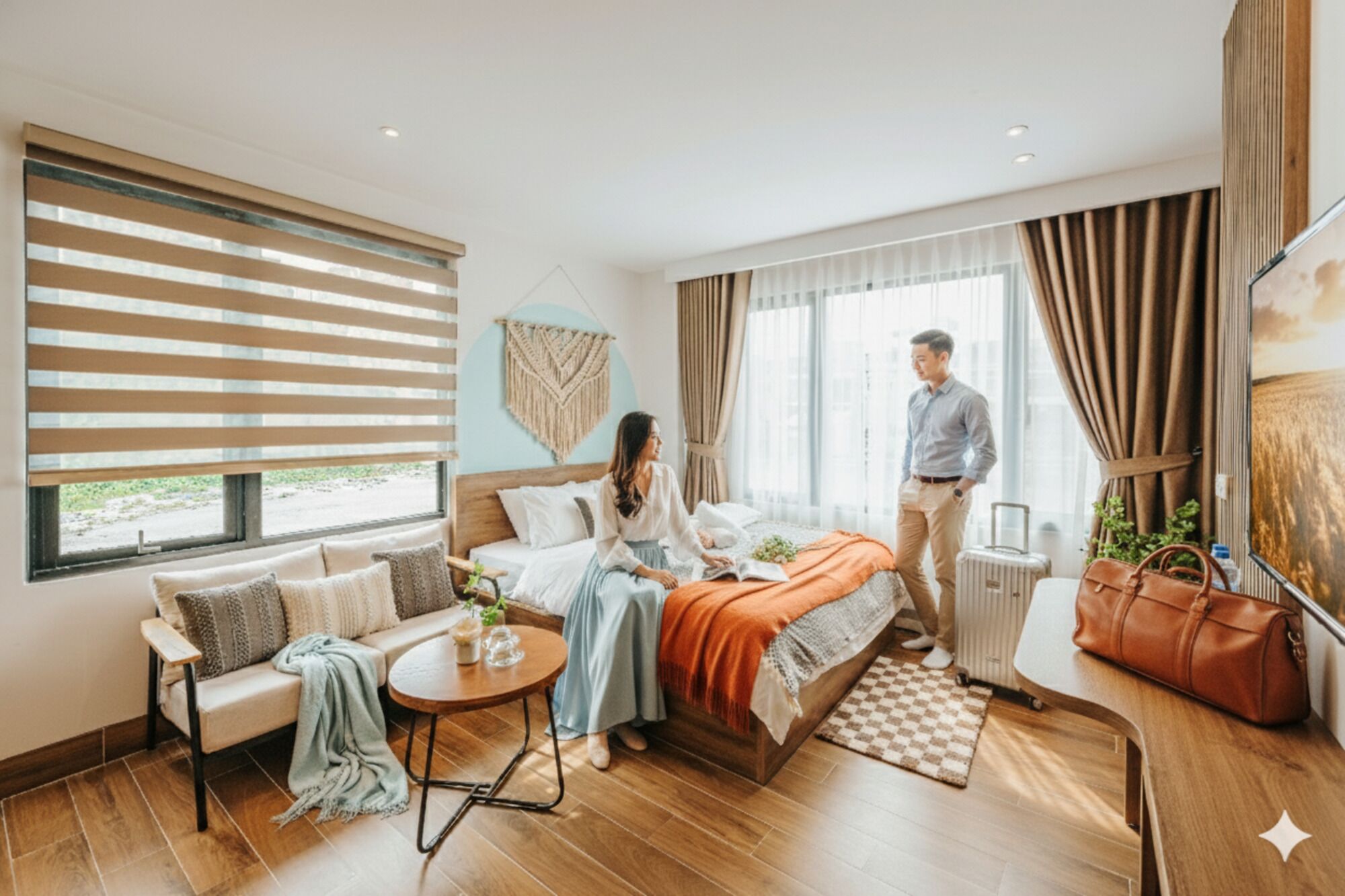 A modern hotel room with a bed, a sofa, a small table, and a window with curtains.