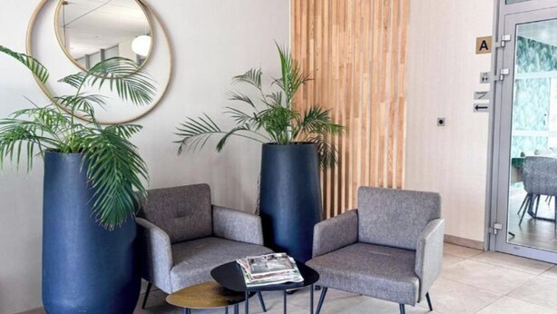 A reception area with two grey armchairs, a coffee table, a large mirror, and tall potted plants. - New studio with terrace Airbus Aéroport (Colomiers)