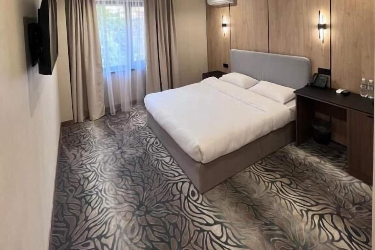 Habitación de hotel con cama, televisión montada en la pared, escritorio con silla y alfombra estampada.