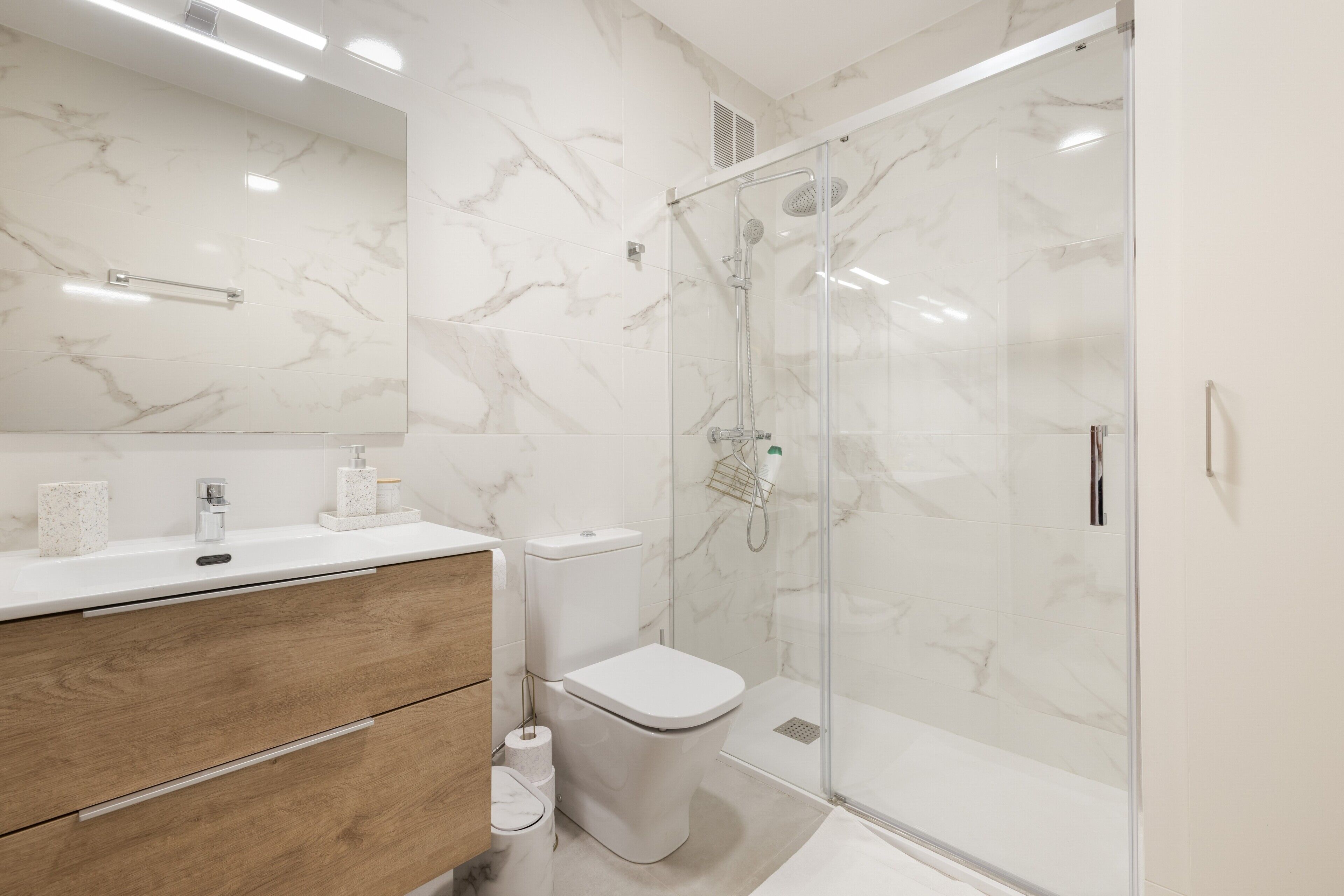 Shower, hair dryer, towels