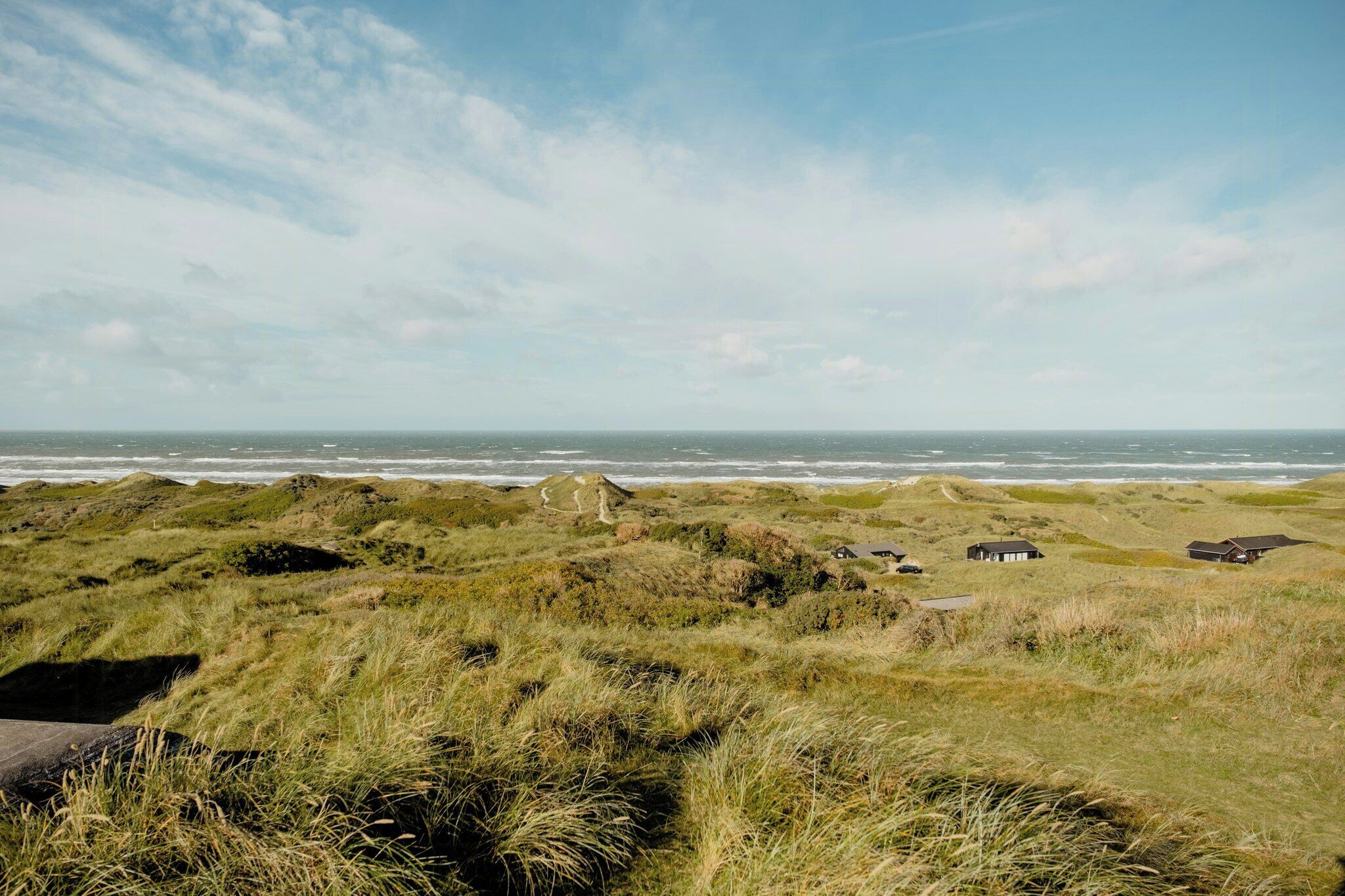 A coastal landscape with grassy terrain and a few small buildings.