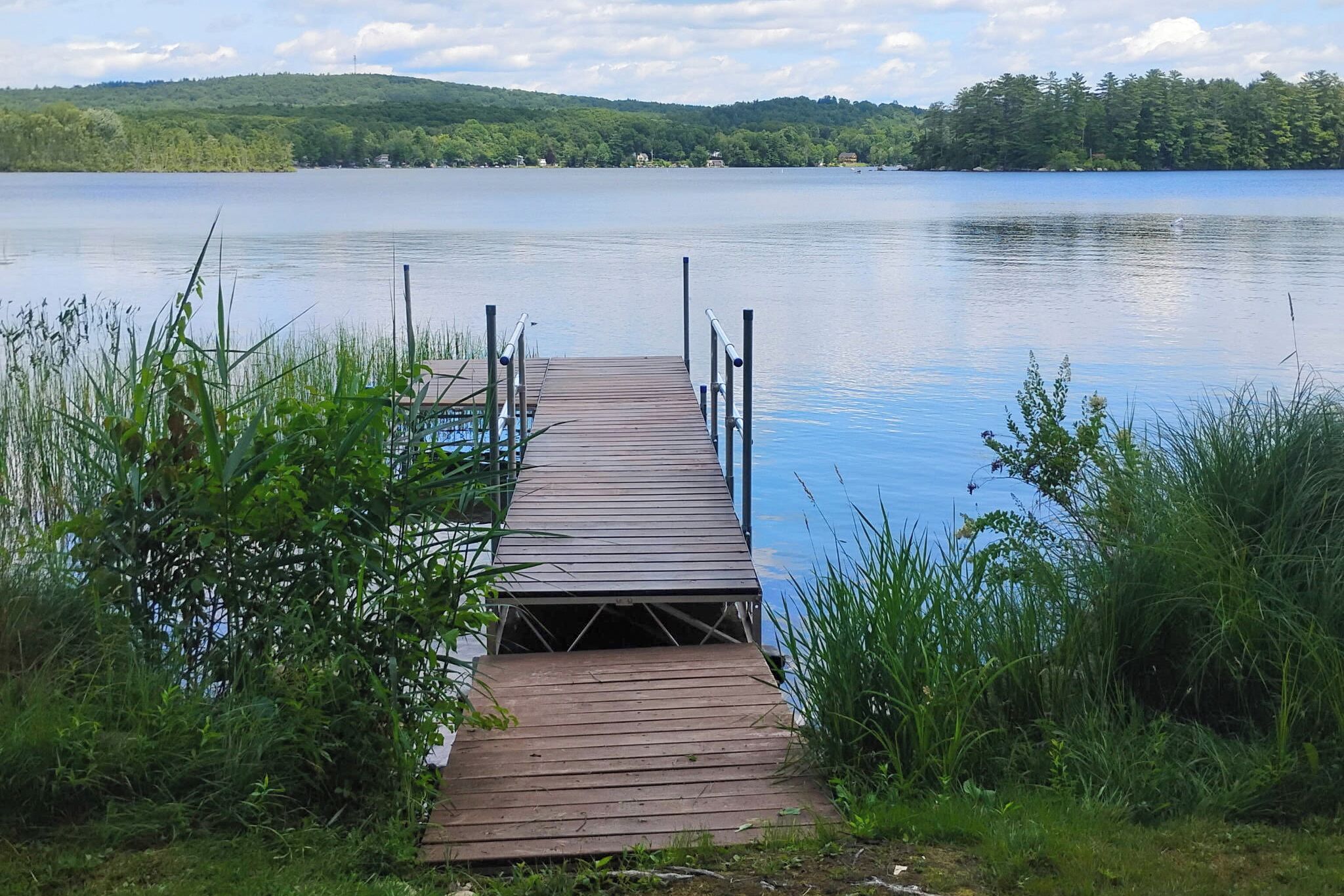 Eine Holzstege führt in einen ruhigen See, der von Grünflächen umgeben ist.