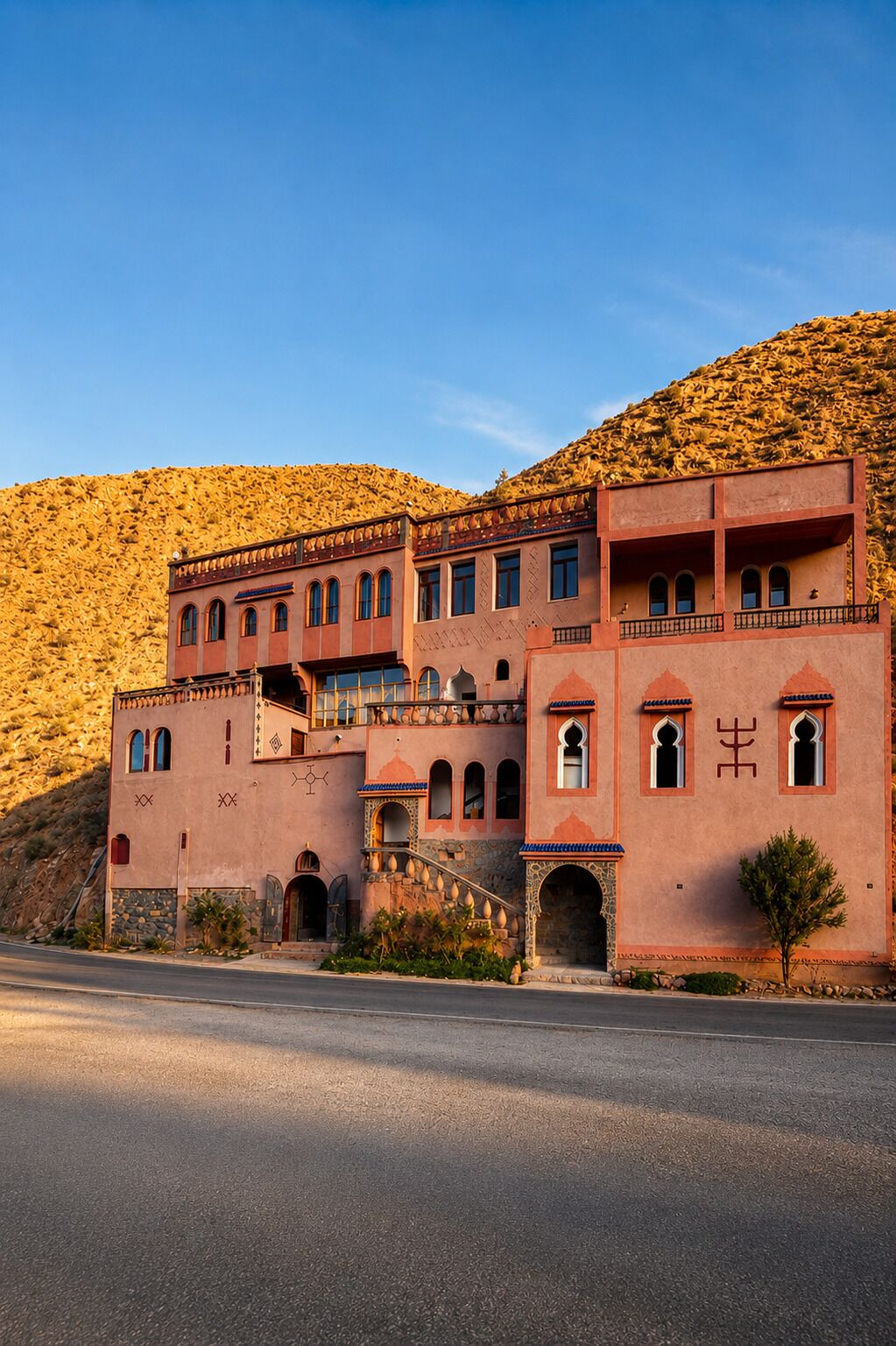 A large, multi-story building with a traditional architectural style, featuring arched windows and a balcony.