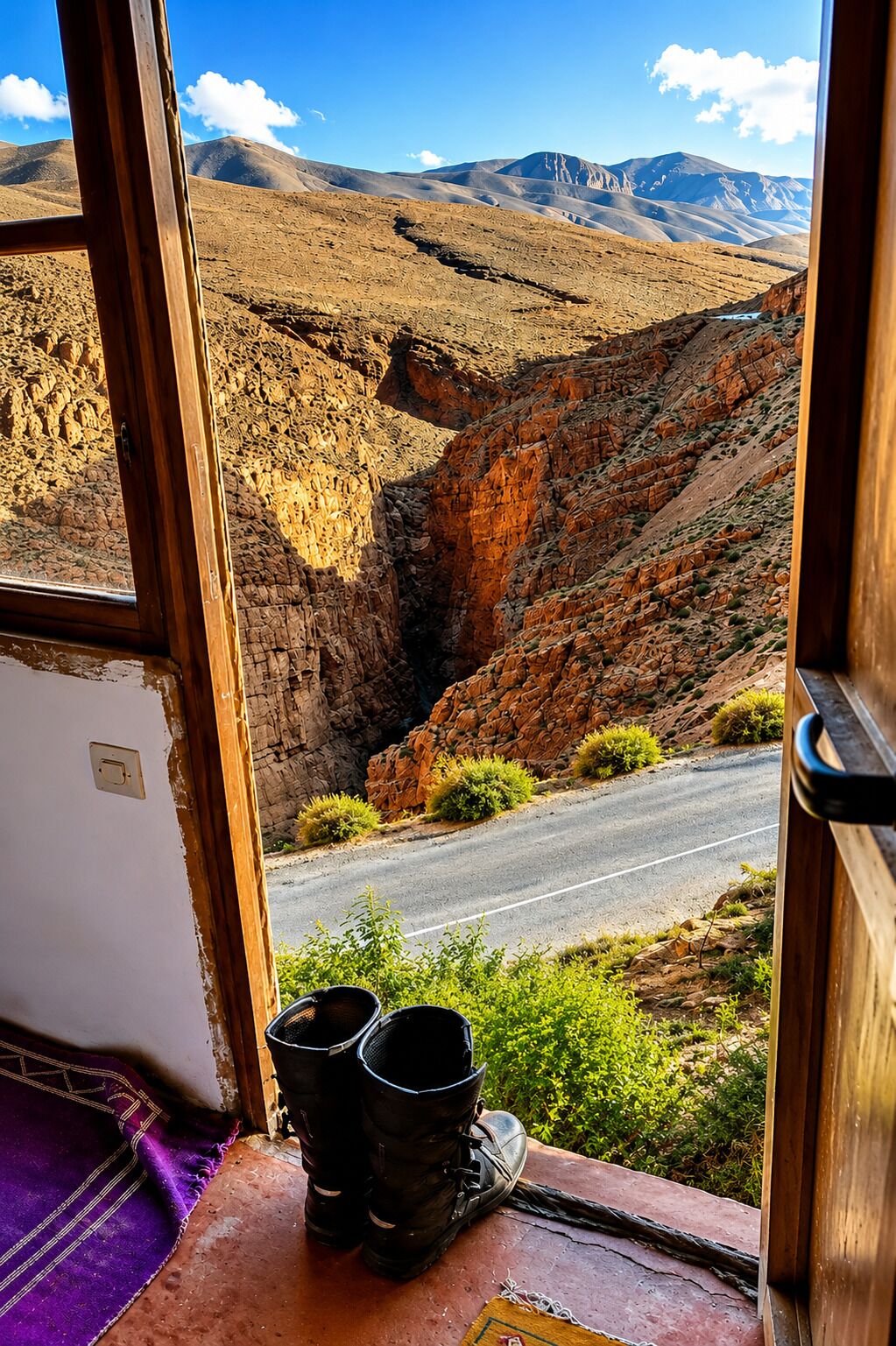 Udsigt fra et vindue over et bjerglandskab med en vej, et lilla klæde og sorte støvler på en træhylde.