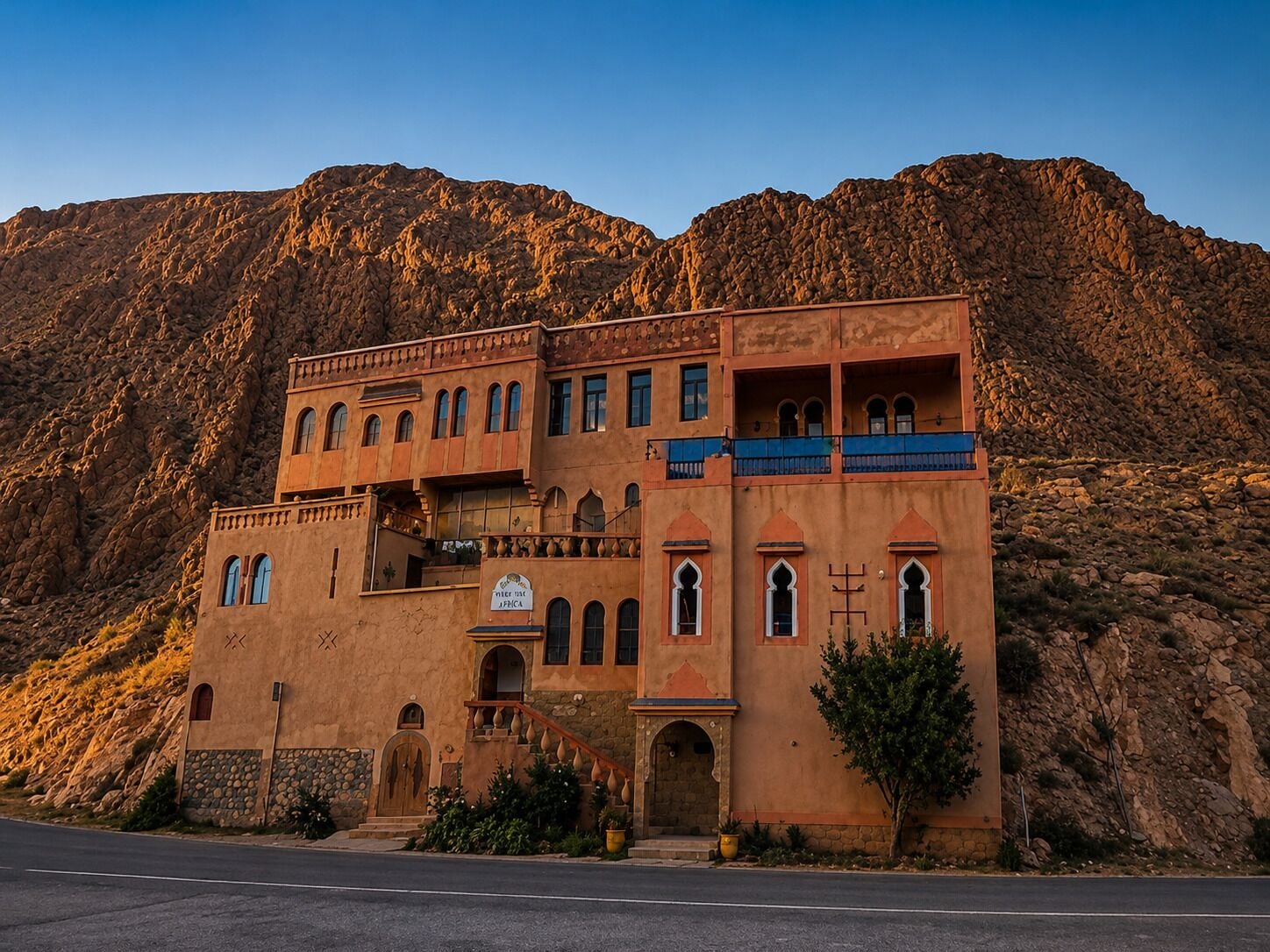 A multi-story building with a traditional architectural style, featuring arched windows and a balcony.