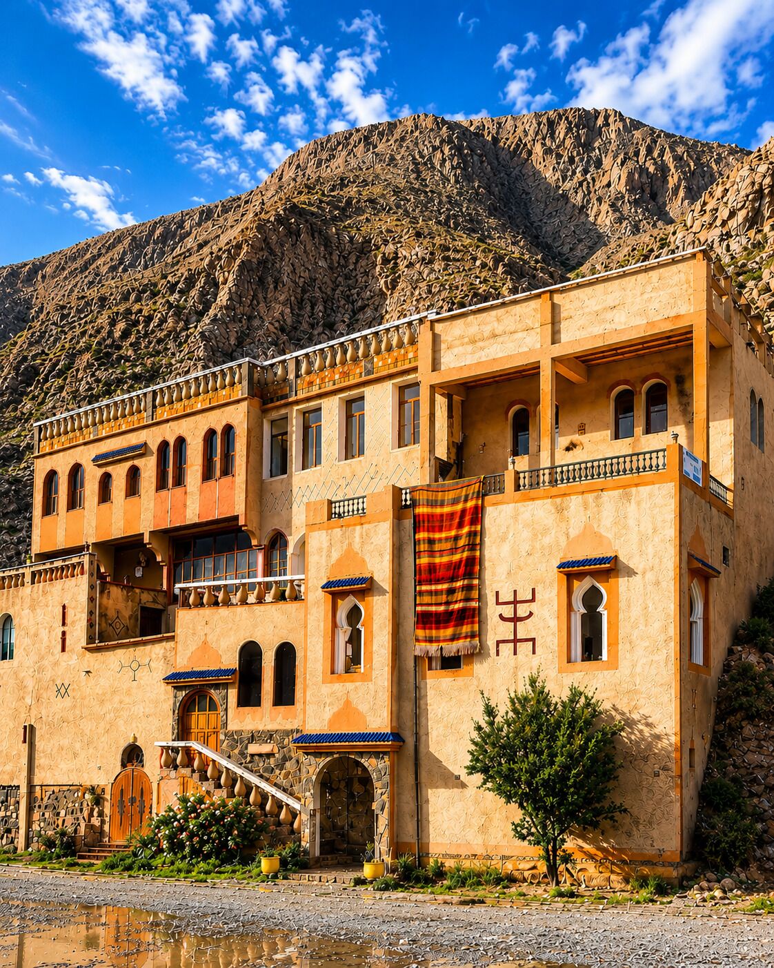 A traditional building with multiple balconies, a staircase, and a mountain backdrop.