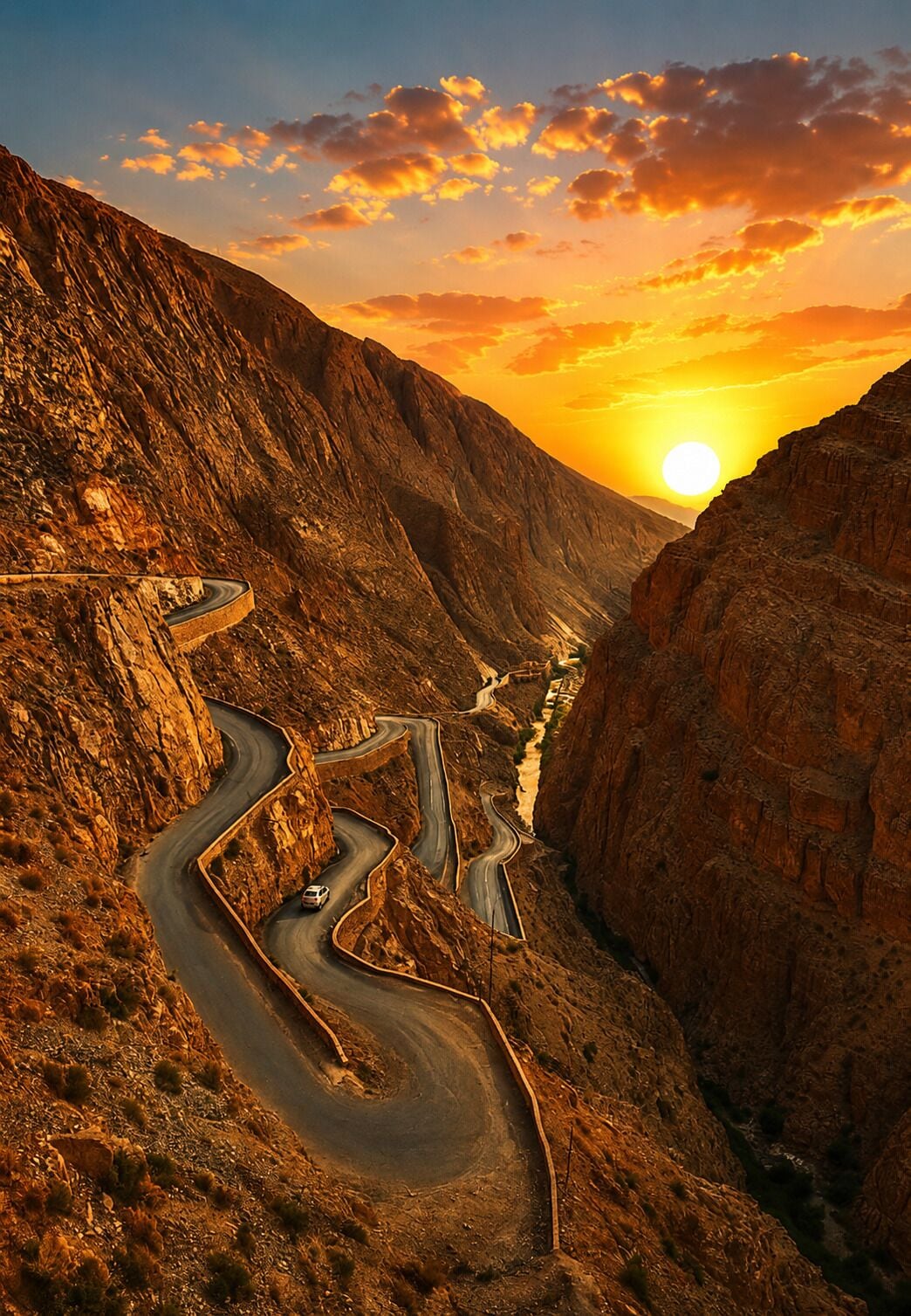 A winding mountain road with a vehicle, surrounded by rocky terrain and a sunset.