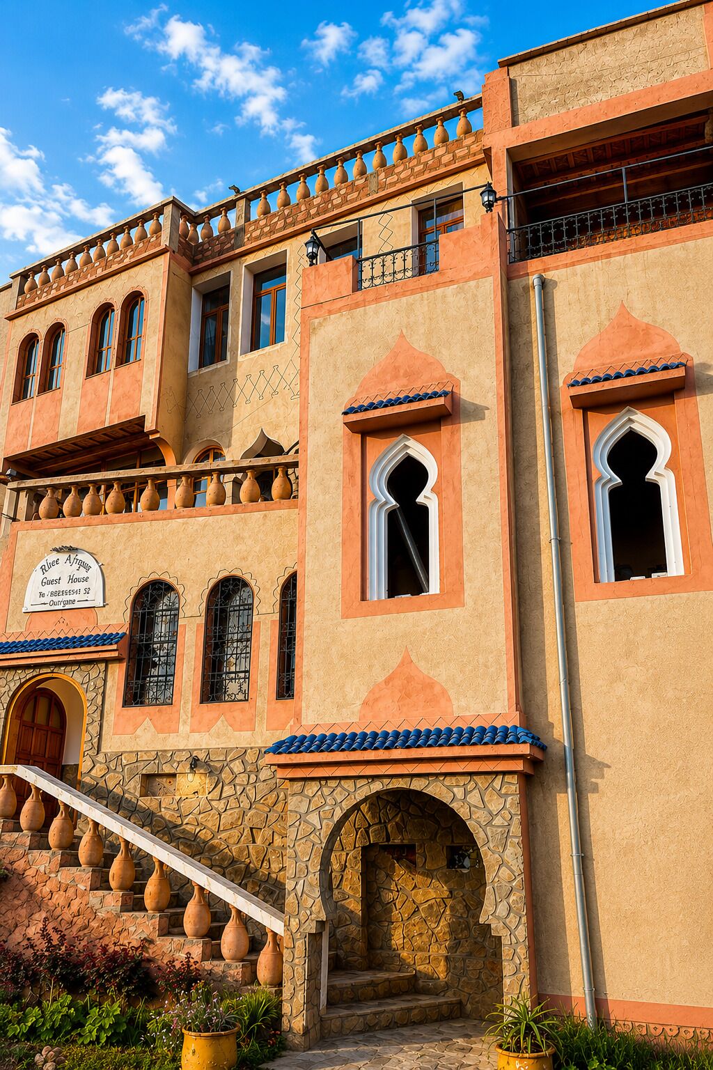 Il s’agit d’un bâtiment traditionnel doté de nombreuses fenêtres, d’un escalier et d’une enseigne indiquant qu’il s’agit d’une maison d’hôtes.