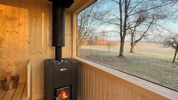Ein Holzofen in einer Holzhütte mit Blick auf Bäume und offenes Feld.