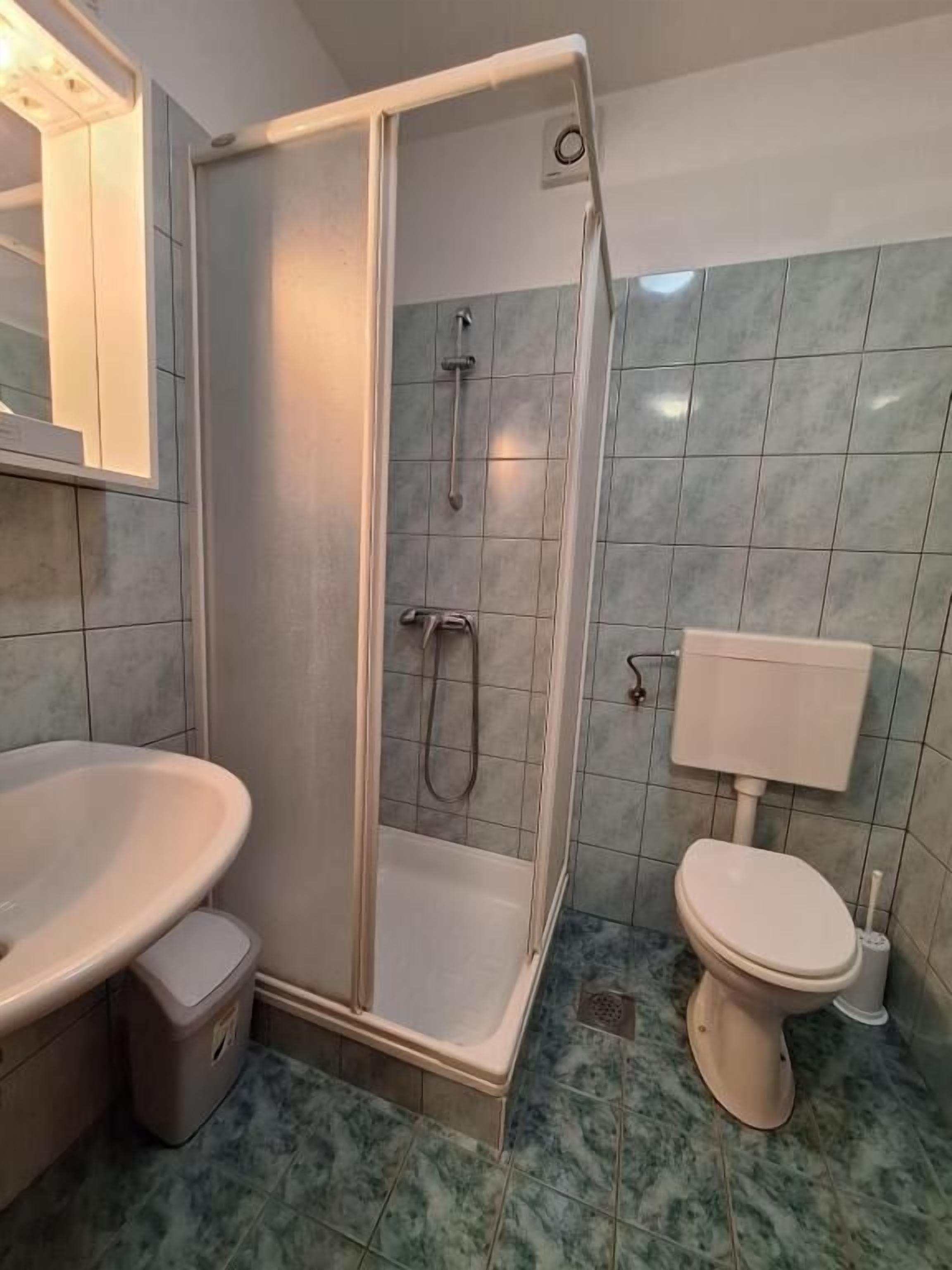 A bathroom with a shower enclosure, a toilet, and a sink.