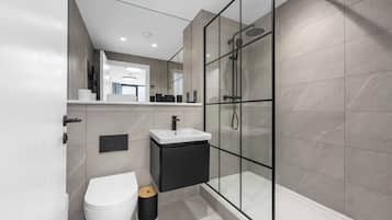 Shower, hair dryer, towels, shampoo