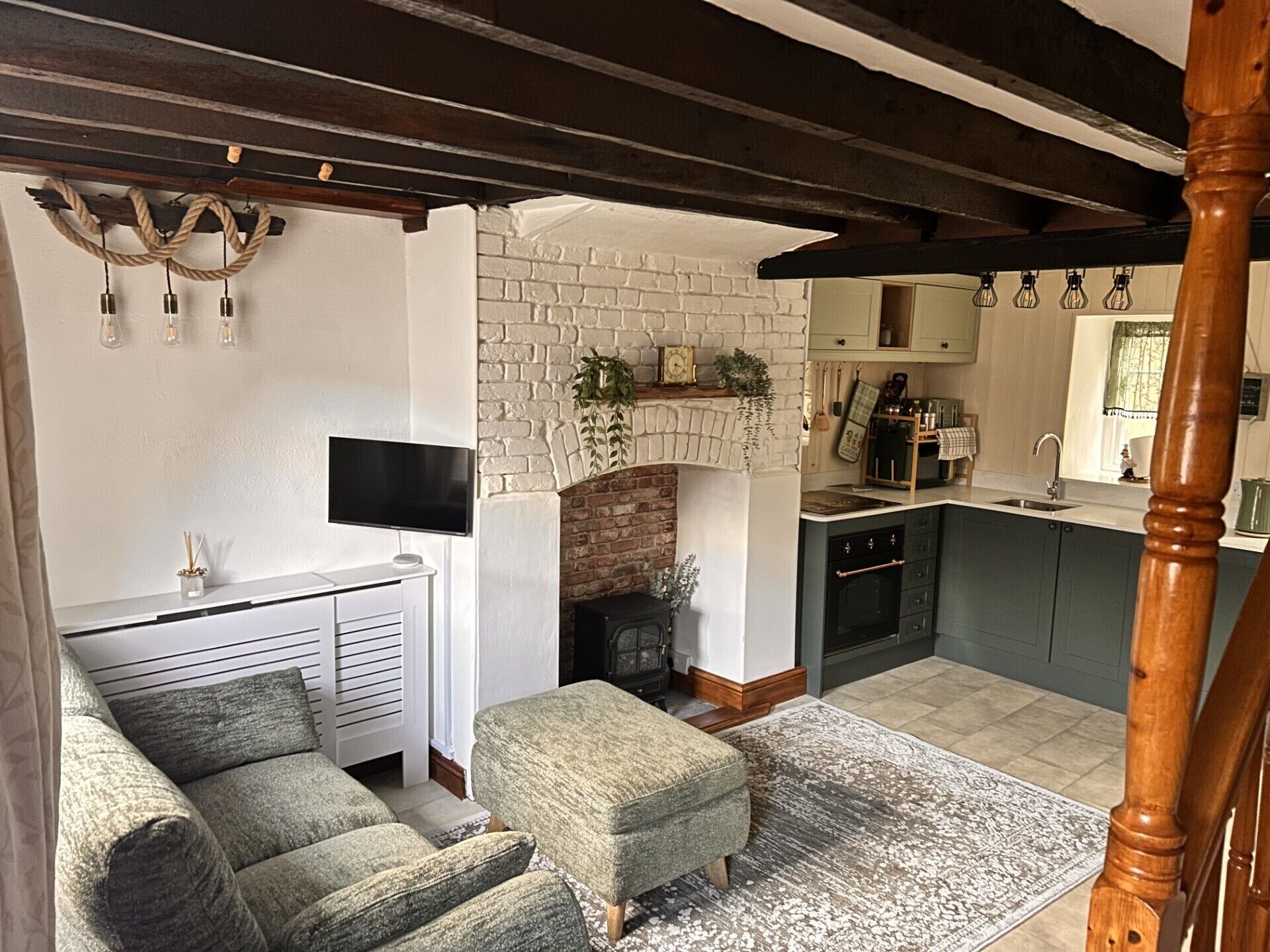 Smart TV, fireplace, books