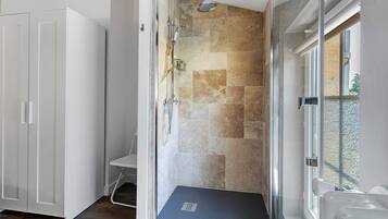 Shower, hair dryer, towels