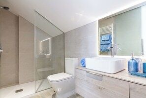Shower, hair dryer, bidet, towels