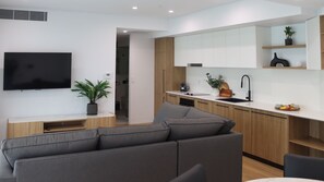 A modern living room with a grey sofa, a flat-screen TV, and a potted plant. - Kove Apartment - B02 (Kiama)