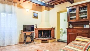 Une pièce avec une cheminée, une télévision, un lit et une armoire.