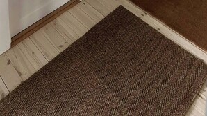 Ein Flur mit einer weißen Tür, einem Kleiderständer, einer braunen Fußmatte und einer weißen Wand mit horizontalen Linien.