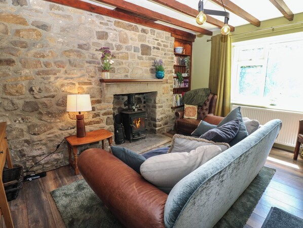 Una sala de estar acogedora con chimenea de piedra, un sofá y una estantería.