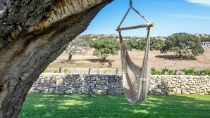 A hammock hanging from a tree, a stone wall, and a grassy area with trees and a distant building. - Luxury villa with heated pool in a vineyard (Mores)