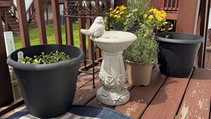 A wooden deck with potted plants, a bird statue, and a wicker basket. - This beautiful 3-bedroom condo in Painesville has the comforts of home, elevated (Painesville)