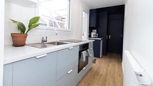 Et moderne køkken med vindue, vask og en potteplante.