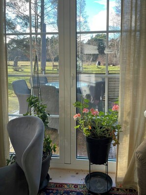 A room with a large window, wicker furniture, a potted plant, and a rug. - Cottage near golf course and nature reserve in När (Stånga)