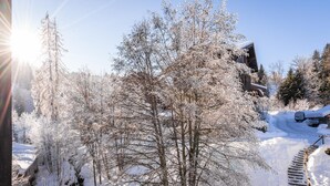 A snowy landscape with trees and a building. - Slope-access Morillon Apartment for 4 (Morillon)