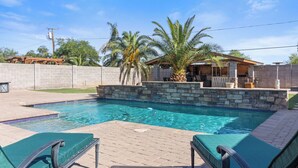 Piscina com borda de pedra, duas espreguiçadeiras e uma palmeira.