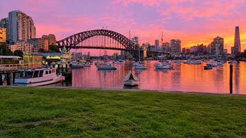 A cityscape with a prominent bridge, boats on the water, and a grassy foreground.
