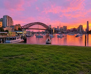 A cityscape with a prominent bridge, boats on the water, and a grassy foreground. - Iconic Harbour Views & Free Parking (Kirribilli)
