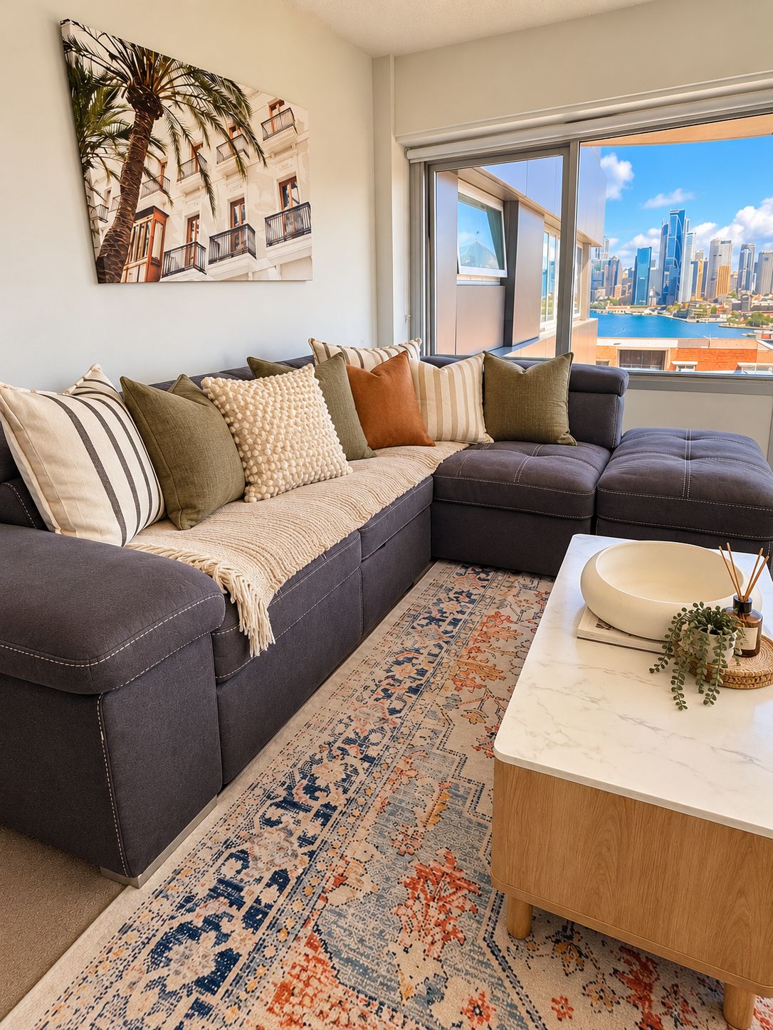 A modern living room with a sectional sofa, a patterned rug, a coffee table, and a city view through large windows.