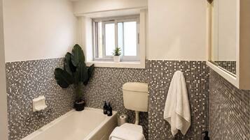 Hair dryer, towels, soap, shampoo