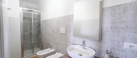 Shower, hair dryer, bidet, towels